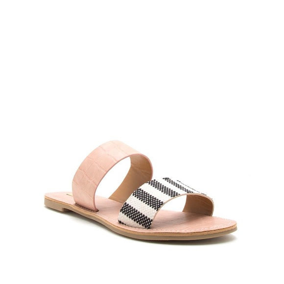 Chic Nude Knit Double Strap Sandals Black & White Stripes Casual Flat Slides - Picture 5 of 8